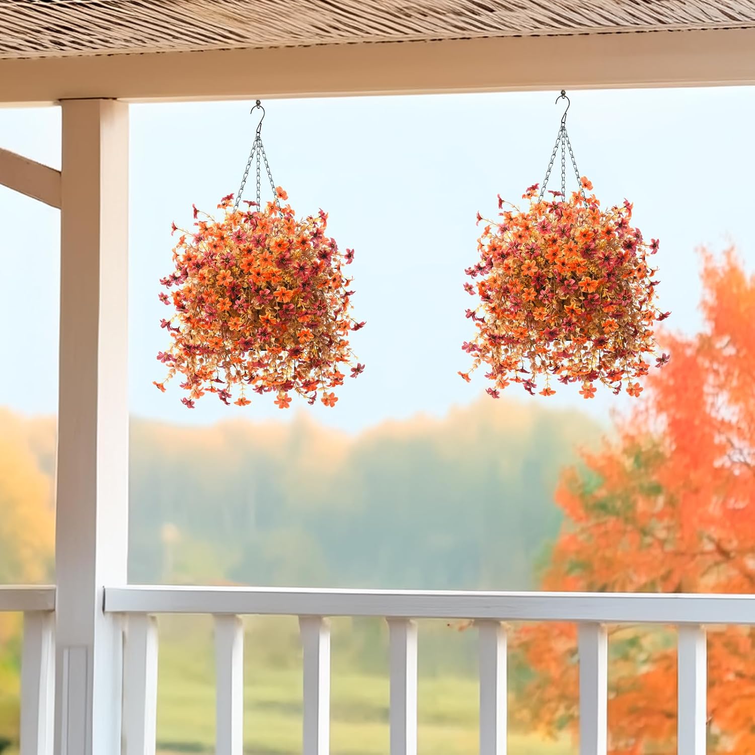 INQCMY Fall Artificial Faux Hanging Flowers Plants Basket for Outdoor Outside Decoration,Fake Silk Daisy in Planter Realistic UV Resistant for Home Porch Balcony Patio Yard Autumn Decor(Orange Brown) - Image 4