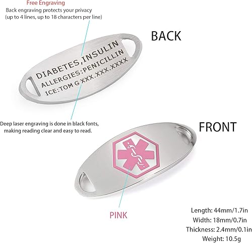 Miniatura 3 de 4 etiquetas de identificación de pulseras médicas  Etiquetas de identificación de alerta médica de acero inoxidable para pulseras médicas grabadas