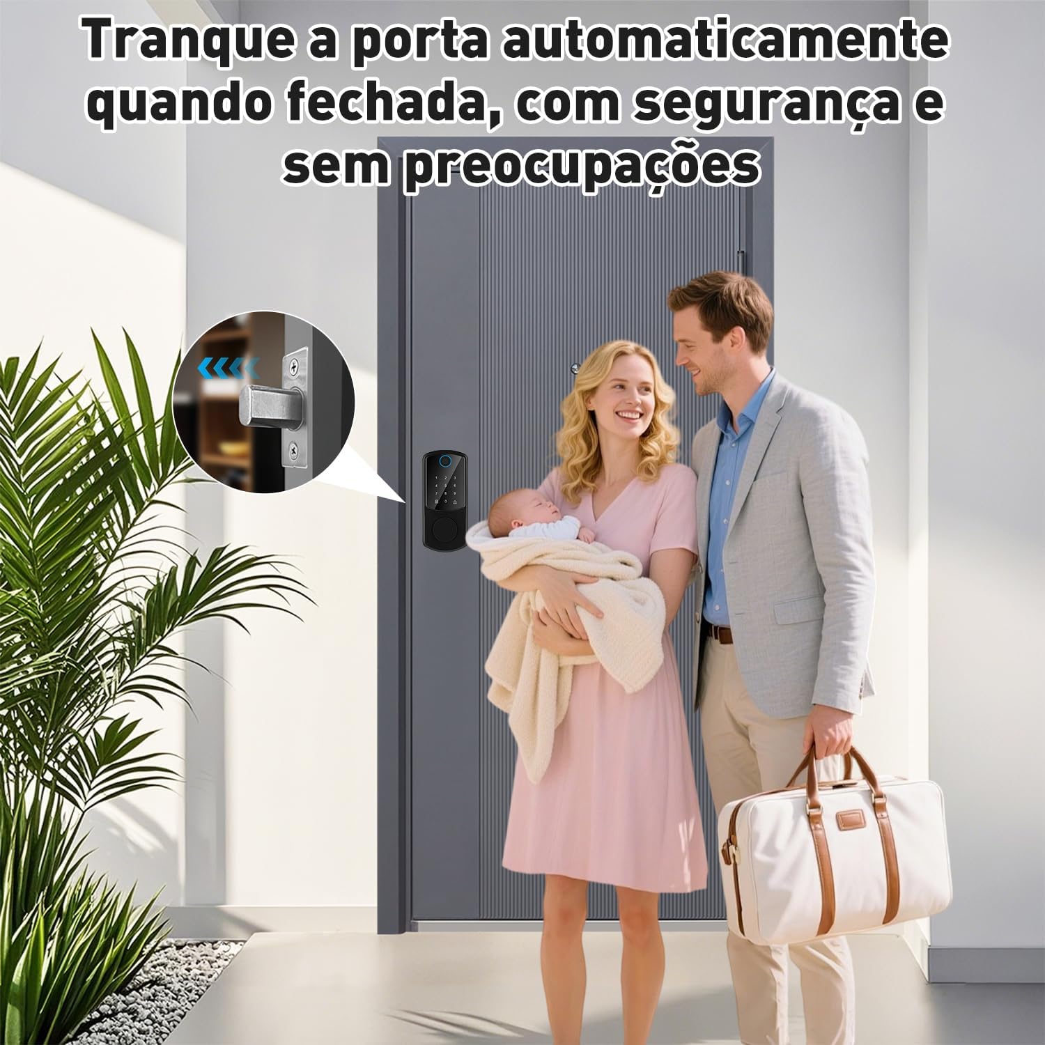 Fechadura inteligente, quatro em um (impressão digital + senha + cartão IC + chave mecânica), travamento automático, fonte de alimentação de emergência USB, campainha, navegação por voz