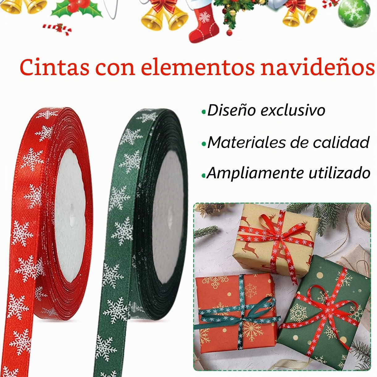 50 Yards Cintas Navideñas,Cinta Regalo Navidad,Cinta Raso Navidad,Cintas Lazos Navideñas para Regalos Decorativos,Flores o Artesanías