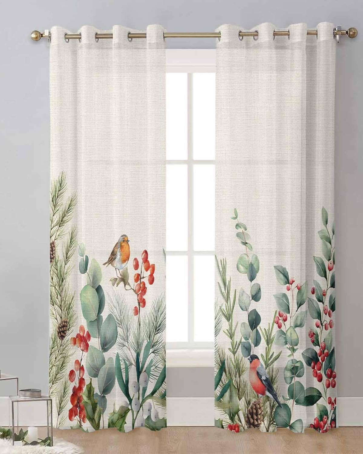 Retro Eucalytus Sheer Curtains 72 Inch Length 2 Panels Set Curtain Drapes for Kitchen,Bedroom,Living Room,Doorway,Hallway,Sliding Glass Door,Bathroom Window Panel,Christmas Winter Rustic Pine 104x72