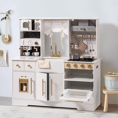 ROBOTIME Juego de cocina de madera para niños, juego de cocina para niños pequeños con máquina de hielo y cafetera, juguete de cocina realista para