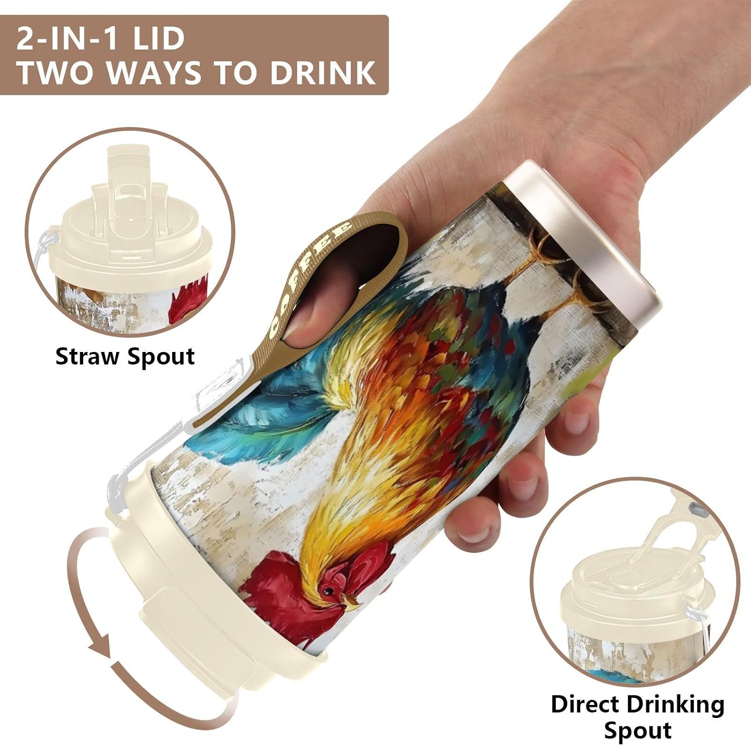 Rooster Colors Closeup Insulated Coffee Mug with Straw & Flip Lid, 16.9oz Iced Tumbler Cup, Double Wall Vacuum Mug for Travel Office