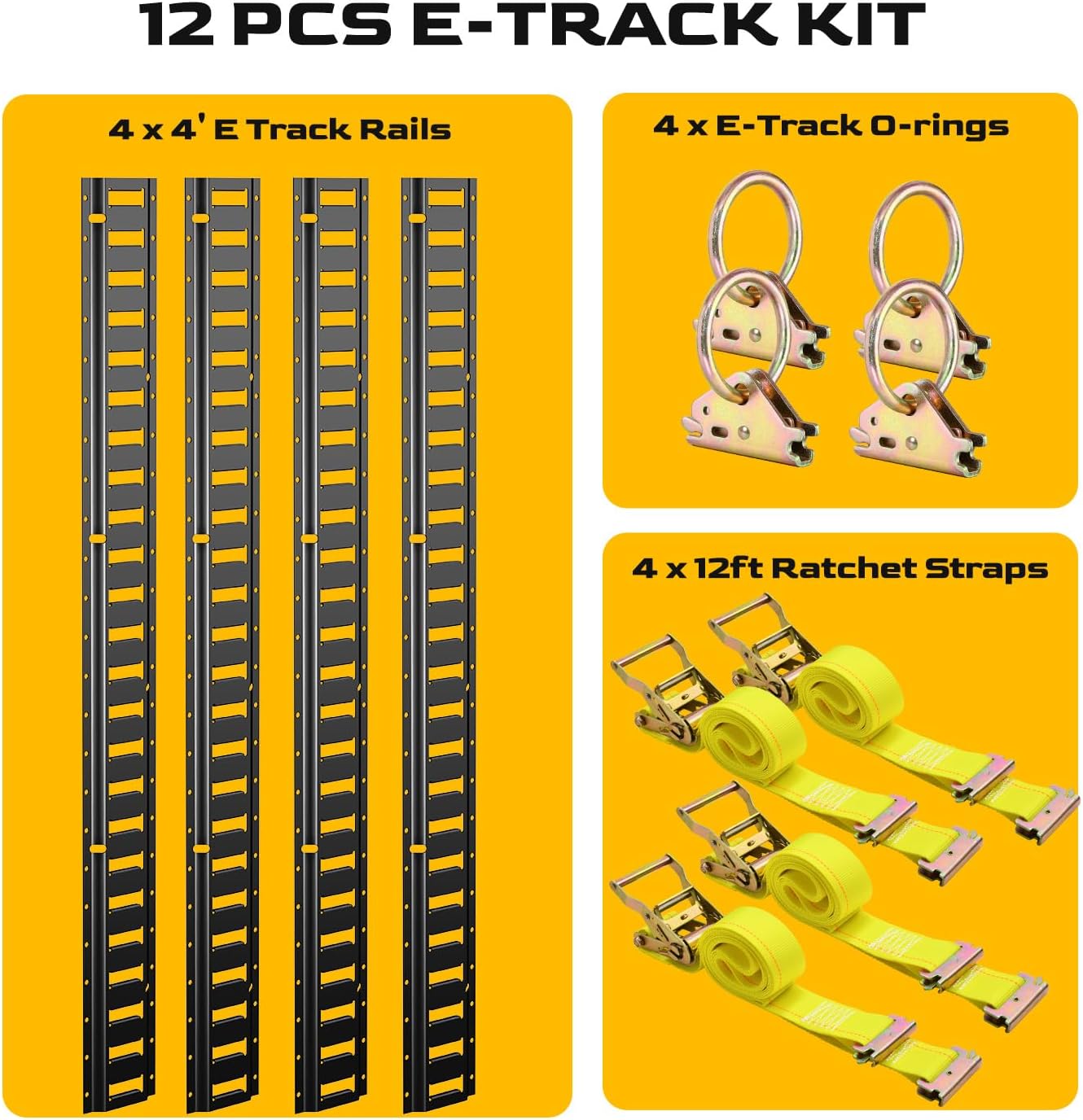 Trekassy E Track Tie-Down Rail Kit - 12 Pieces: 4 Pack 4ft Etrack Rails & 8 Enclosed Trailer Accessories for Trucks, Vans, Garages, Trailers Tie Down System