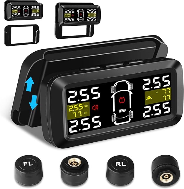 Vtopek Tyre Pressure Monitoring System with Detached Bracket Wireless Solar TPMS Tyre Pressure Monitor Installed on Windowshield with 4 External TPMS Sensors Real-Time Display for Car RV SUV MPV