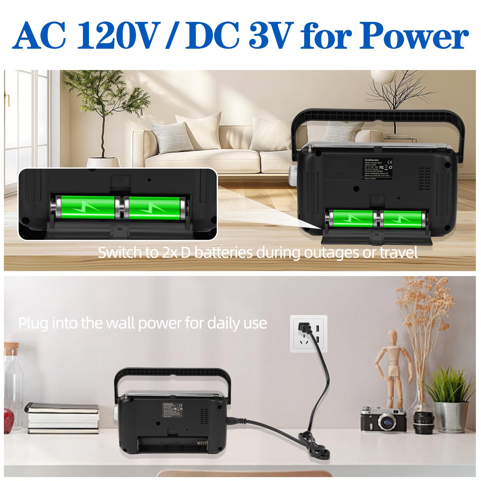 Radio portátil AM FM, sintonizador digital, altavoz más fuerte, batería o radio alimentada por USB para regalo en el hogar al aire libre (negro)