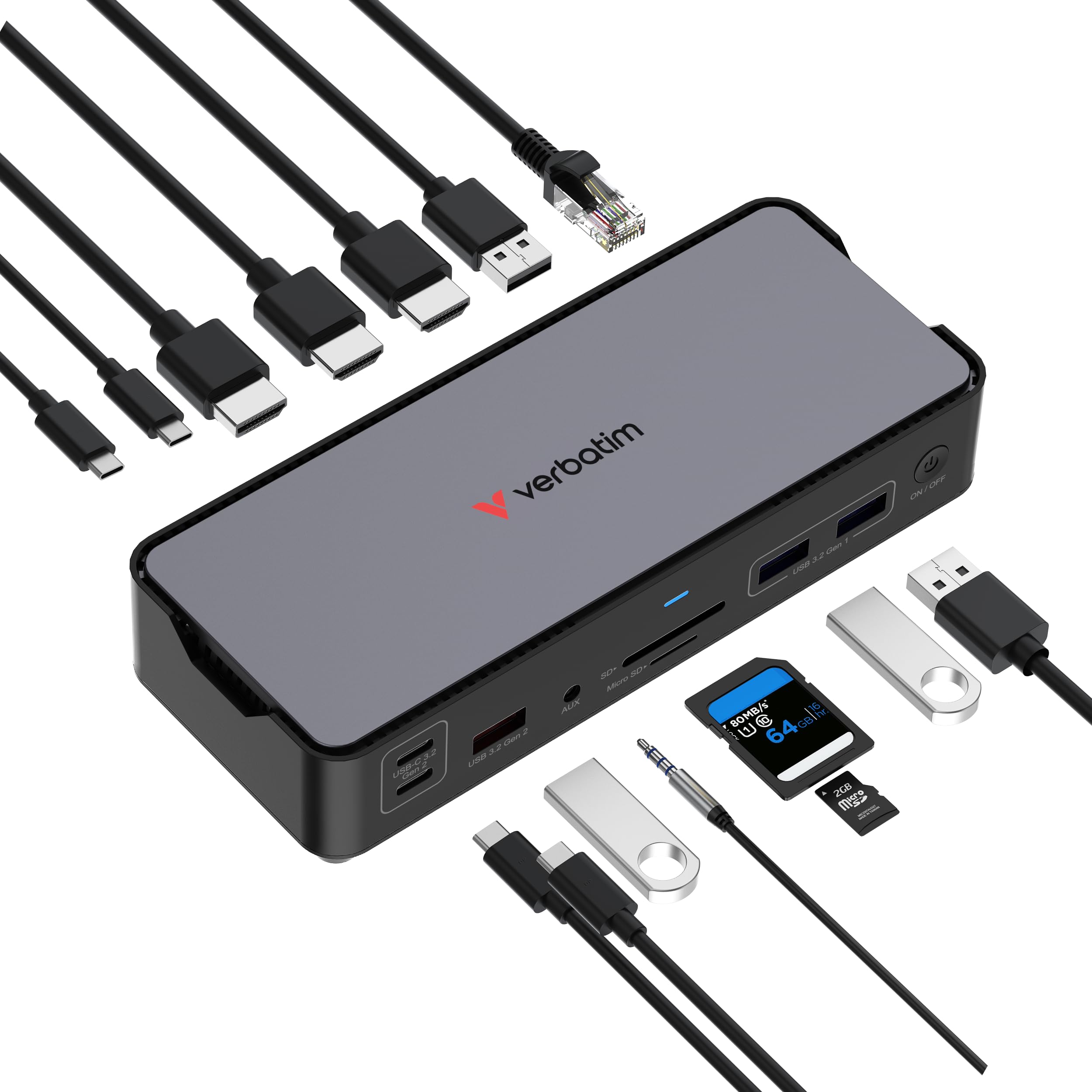 Verbatim USB-C Pro Station d'accueil 15 en 1 Hub multiport vers HDMI 4K et 8K, USB-A et USB-C, PD 80 W, AUX, Lecteur de Carte pour Mac/Windows Laptop et Autres