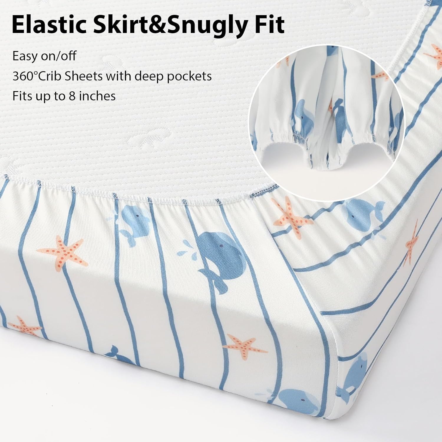 Baby Crib Sheets for Boys and Girls, 3 Pack Toddler Bed Sheets for 52”x28” Standard Toddler Mattresses, Soft Microfiber Fitted Crib Sheets Neutral Blue Ocean Whale - Image 5