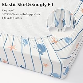FIEMOL Baby Crib Sheets for Boys and Girls, 3 Pack Toddler Bed Sheets for 52x28 Standard Toddler Mattresses, Soft Microfiber Fitted Crib Sheets Neutral Blue Ocean Whale