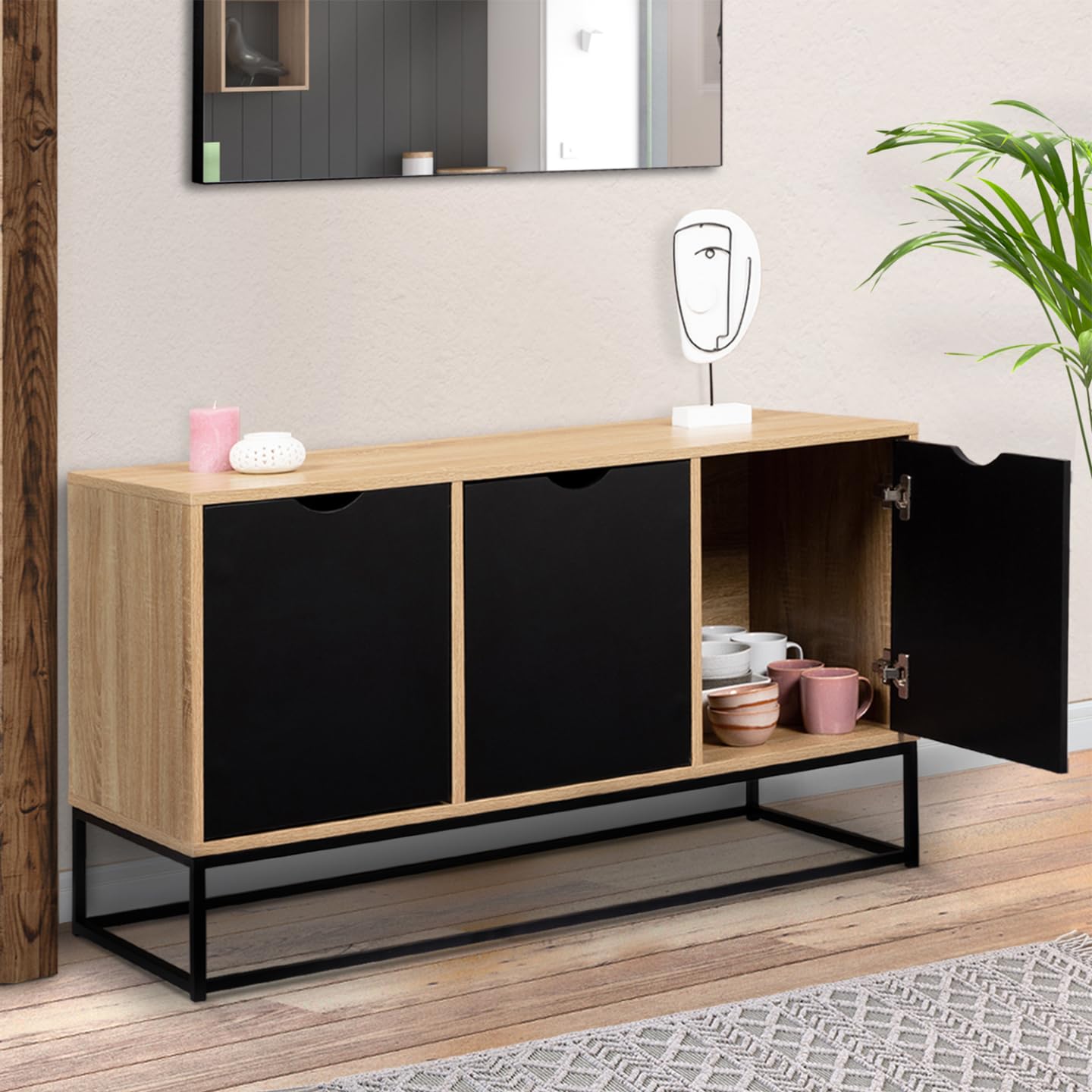 IDMarket Boston Design Industrial - Aparador bajo (3 Puertas Negras, 113 cm), Color Negro