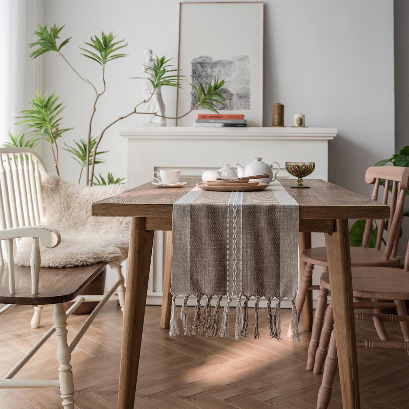 Niviy Chemin de Table brodé à Rayures tressées de Style bohème - Décoration de Table Basse en Coton et Lin - Décoration de Table pour fête de Vacances - 30,5 x 274,3 cm