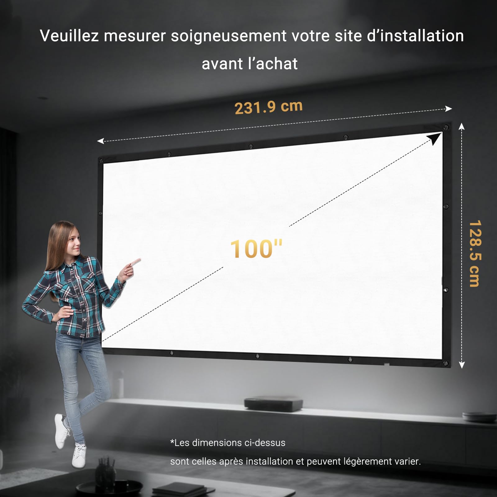 IOLIEO Écran de Projection 100 Pouces 16:9 Dos Noir Pliable Lavable Anti-Pli