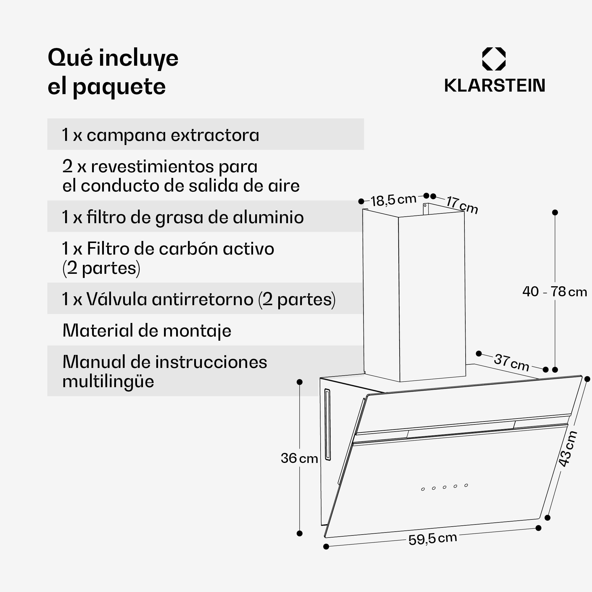Klarstein Alina Campana Extractora - 60cm Decorativa, 600 m³/h, Control Smart, LED, Clase A, Recirculación, 68 dB, Negro — view 7