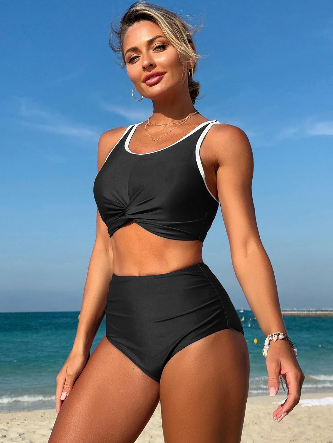 ZAFUL Modest Bathing Suit for Women 2 Piece Bikini High Waisted Swimsuit Tummy Control Bikini Sets Twist Front Push Up Swim Suit Ruched Swimwear Cute Retro Vintage Beach Vacation Wear Teen Black XL - Image 3