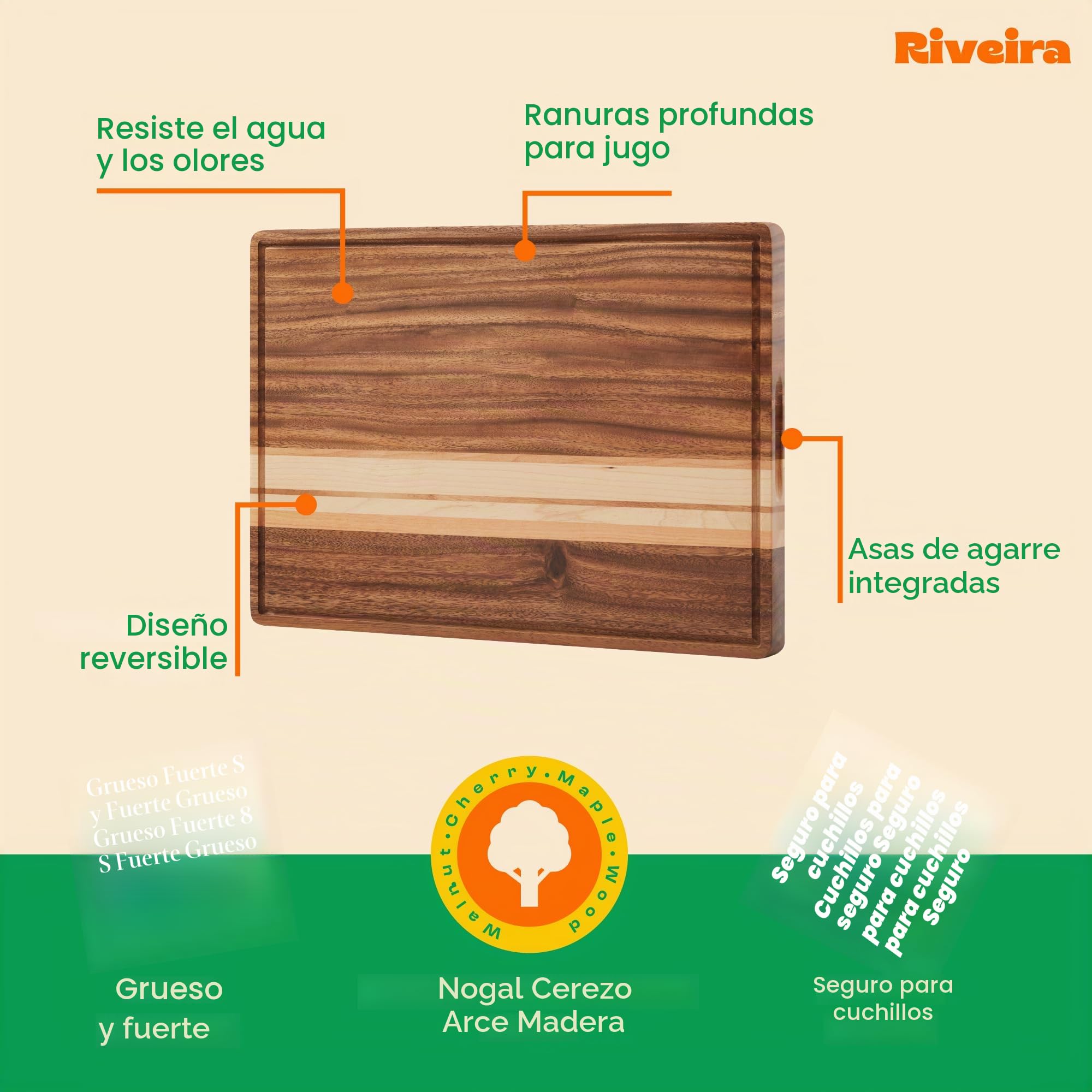 Riveira Tabla de cortar de madera de nogal/cerezo/arce, Gourmet Grandeur: tabla de cortar de madera de 18 x 12 pulgadas, tablas de cortar de madera natural para decoración de cocina, innovadora tabla