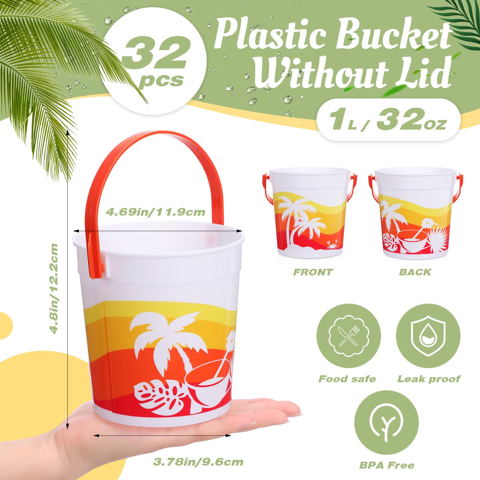 Lallisa 900 ml Cocktail Rum Eimer für Getränke 4,69 x 3,78 x 4,8 Zoll Kunststoffeimer Getränkeimer für Partys mit Griffen (32 Stück)