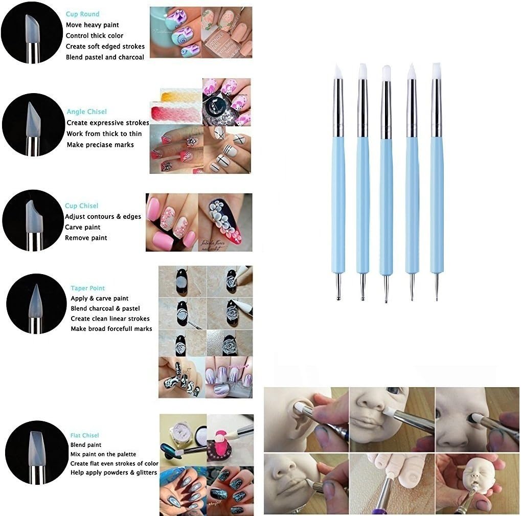 COMIART 5 X 2 Way Ball Styluses Dotting Tool Silicone Color Shaper Brushes Pen for Polymer Clay Pottery Modeling Sculpture Nail Art
