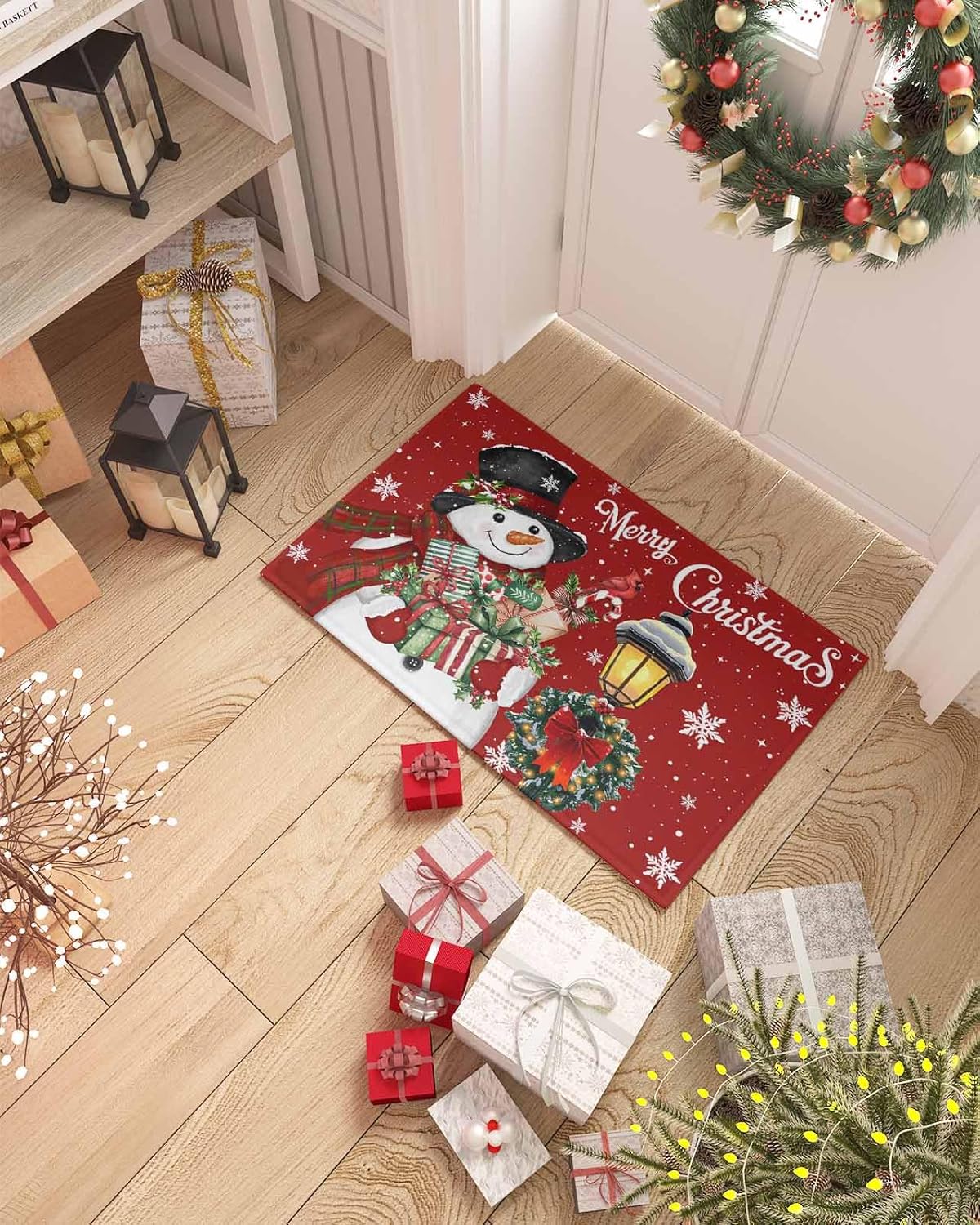 Christmas Entrance Floor Mat Snowman Holly Berries Wreath Welcome Doormat Snowflake Lights Red Non Slip Entry Rugs for Bathroom Kitchen Home Front Decor 20x32inch