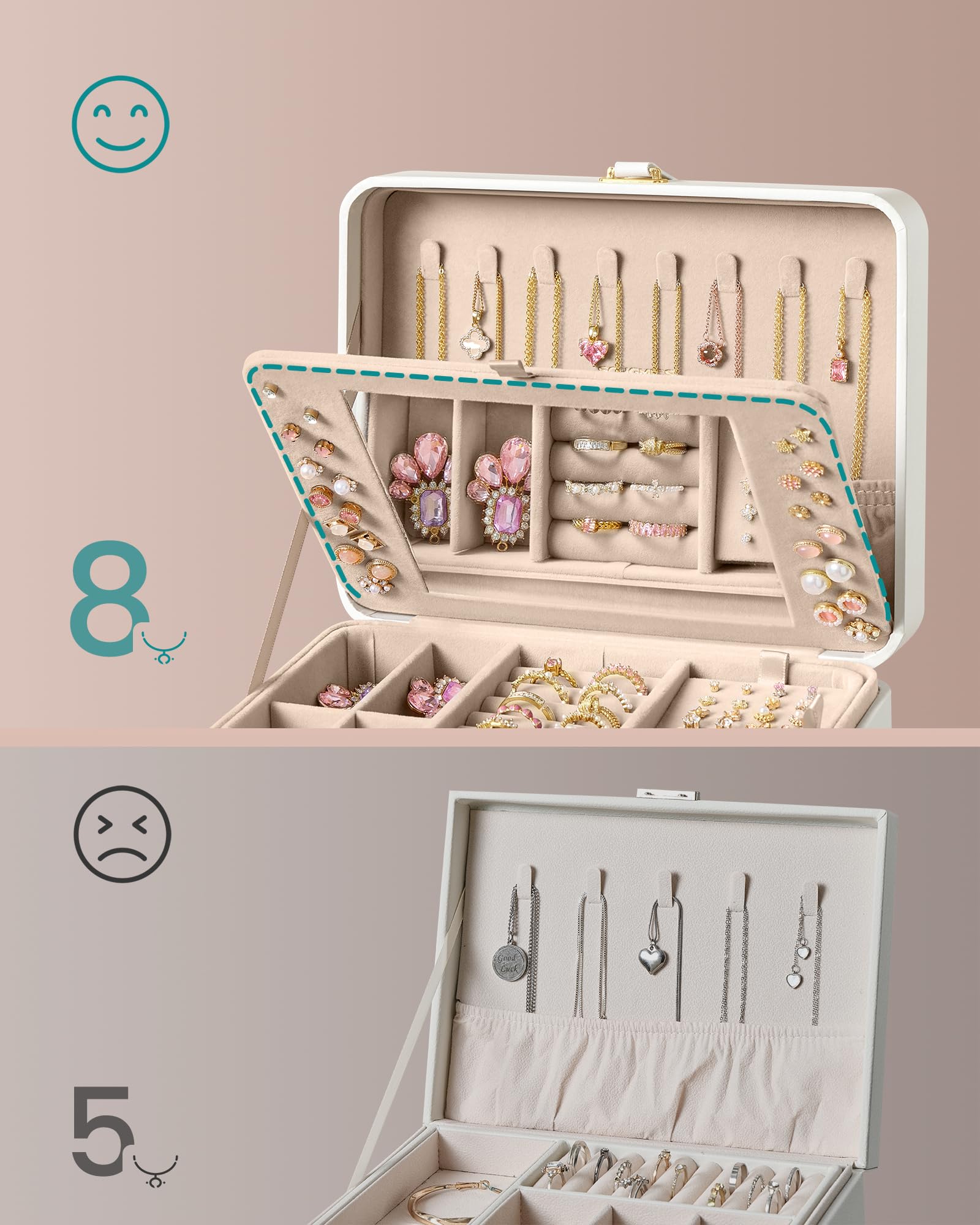 SONGMICS Pudełko na biżuterię z lustrem, 2-poziomowy organizer na biżuterię, elastyczna taca na biżuterię, 17,6 x 22 x 11 cm, organizer na kolczyki, pomysł na prezent, biała chmurka JBC200W01