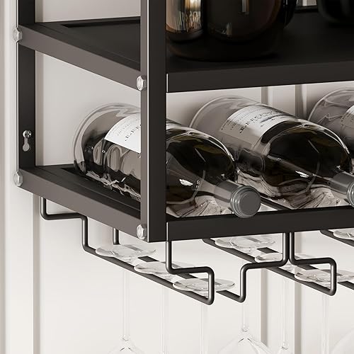 Miniatura 7 de MAIKAILUN Estante de vino montado en la pared negro con soporte para vidrio, soporte de metal para botellas de 30 pulgadas, estante de