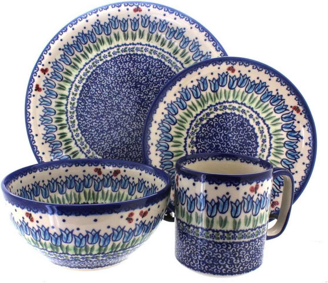 Blue Rose Polish Pottery - Yellow Bluebird Garden 16 Piece Dinner Set - 4 Place Settings - Great for Everyday Dining, Casual Dining, or as Formal Dinnerware