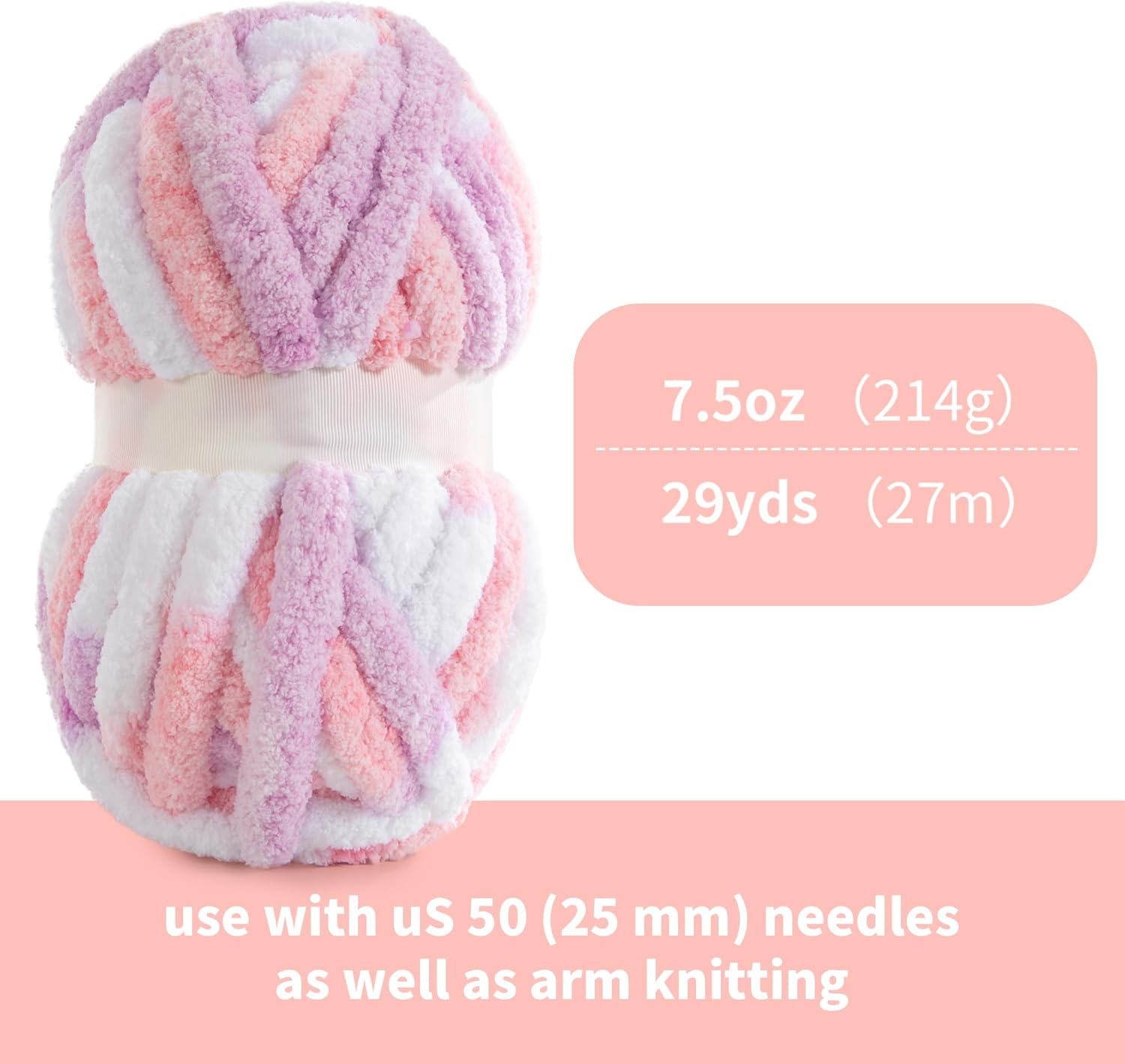 HOMBYS Chunky Tie Dye Mix Chenille Yarn for Hand Knitting, Super Bulky Jumbo Yarn for Crocheting, 3/4" Thick Soft Plush Yarn for Blankets, 8 Skein Pack (26 yds / 7.5 oz Each) Pink Purple
