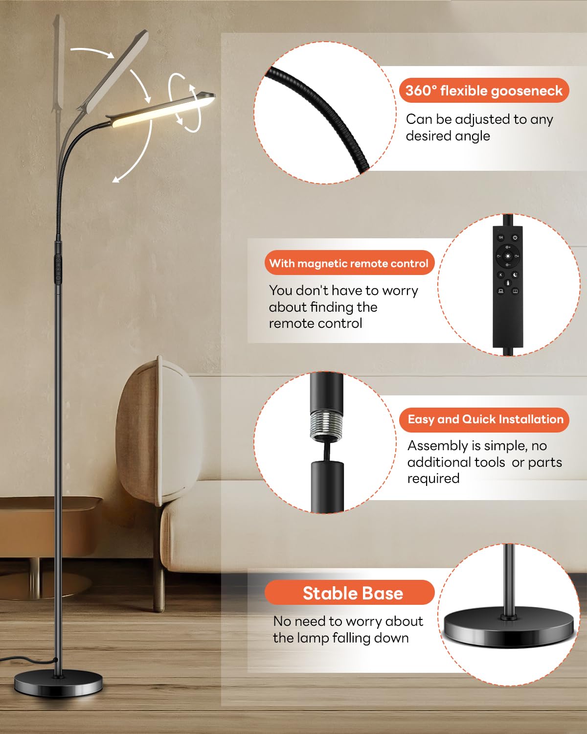 Lampa podłogowa LED 18 W, 1800LM ściemniana (2700K-6500K) Elastyczna łabędzia szyja, wysokość 175 cm, magnetyczne sterowanie i sterowanie dotykowe, lampa do czytania do salonu, czarna
