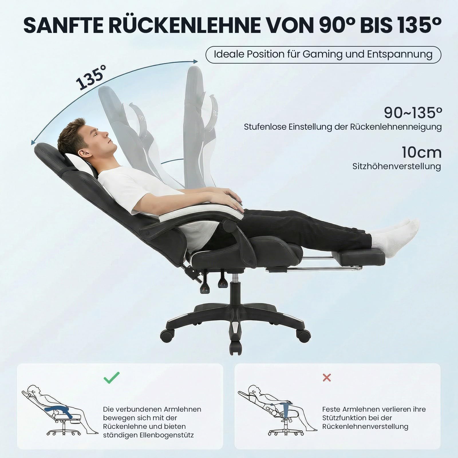 Bürostuhl Ergonomisch mit Fußstütze, Schreibtischstuhl, Racing-Design, Lenden- und Kopfstütze, PU-Kunstleder, Gaming Stuhl, Büro Stuhl, Computerstuhl, Neigbar bis 135°, Schwarz, 150KG