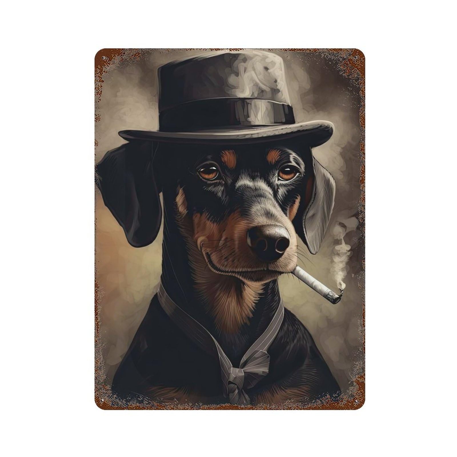 Garage Style Dachshund Gangster Suit Aged Metal Wall Plaque 15.7"x11.8", Decorative Metal Wall Art for Bar And Workshop