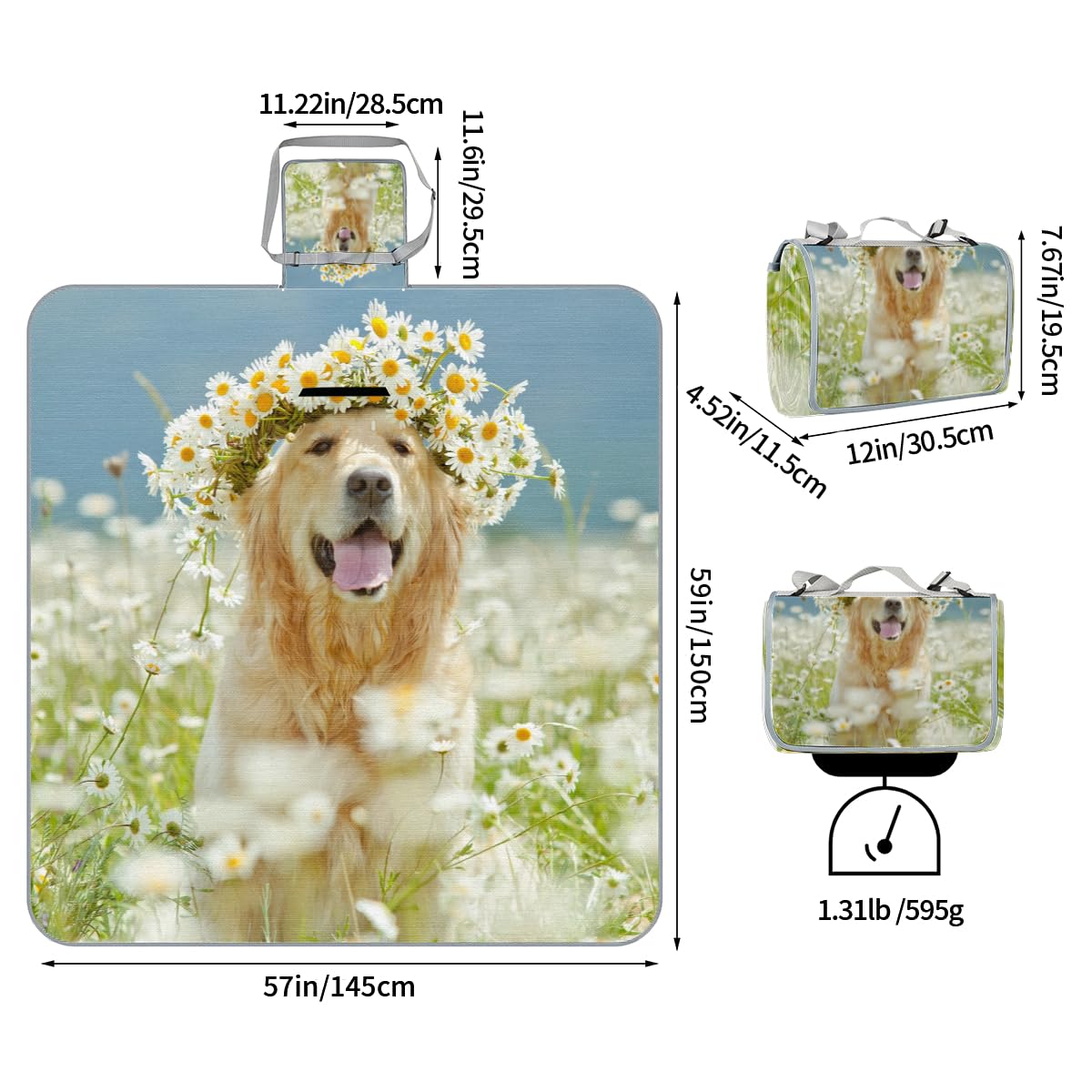 Shimoshe Picnic Blankets 57”x 59”, Garden Dog Waterproof Sandproof Picnic Mat Lightweight Foldable Beach Blanket for Camping Park Grass Beach Outdoor Blanket