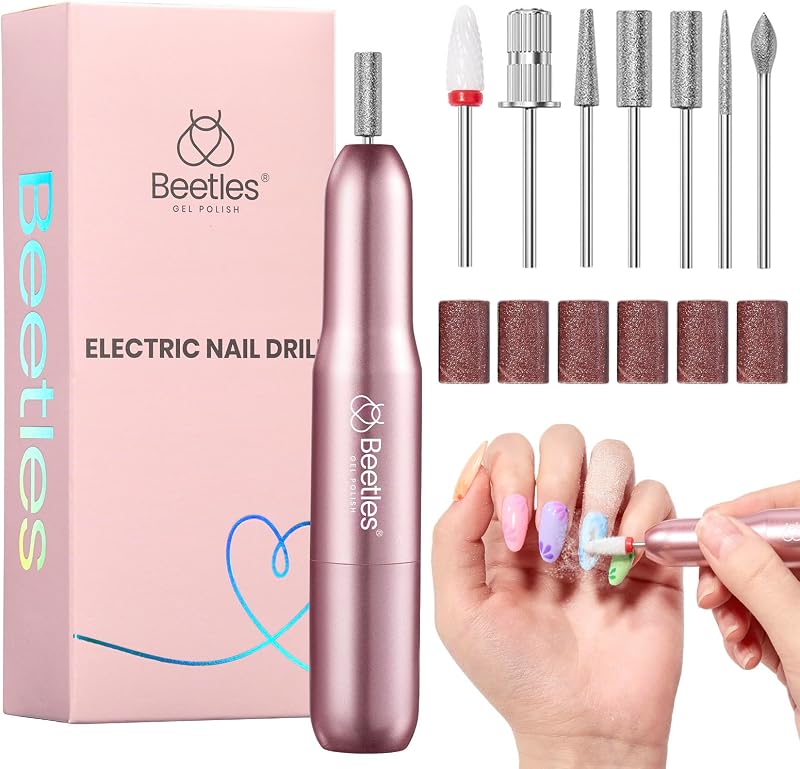 Beetles Kit de taladro eléctrico para uñas, 7 brocas, lima de uñas eléctrica de 0-12000 RPM | Taladro de lima de uñas para eliminación de esmalte de Gel, máquina de preparación para el cuidado de cutículas, herramientas de manicura y pedicura DIY
