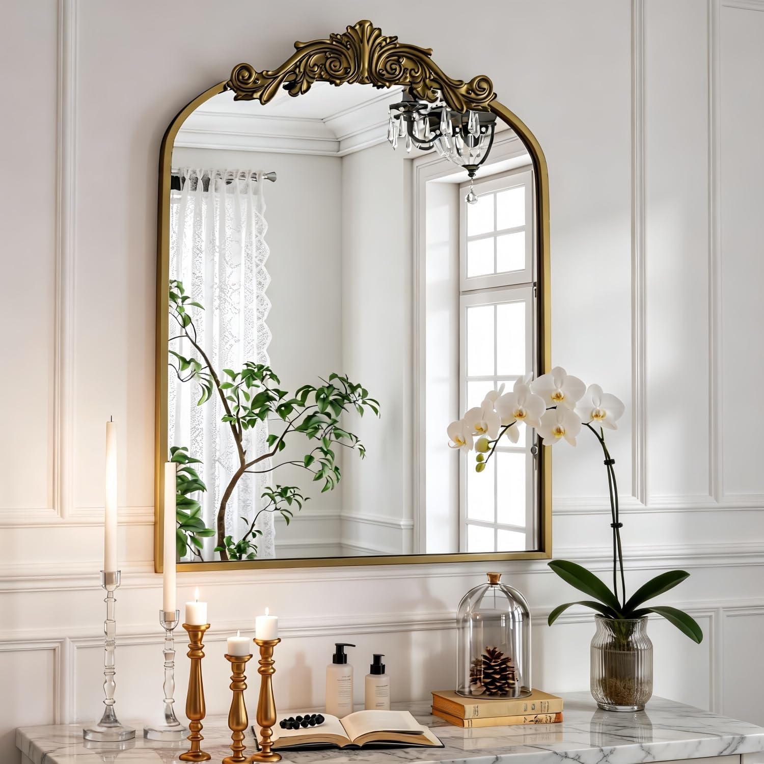 Antique Arched Wall Mirror, 22"x30" Vintage Bronze Bathroom Mirror - Baroque Metal Frame Brass Mirror for Living Room, Bathroom, Fireplace, Entryway, Bronze