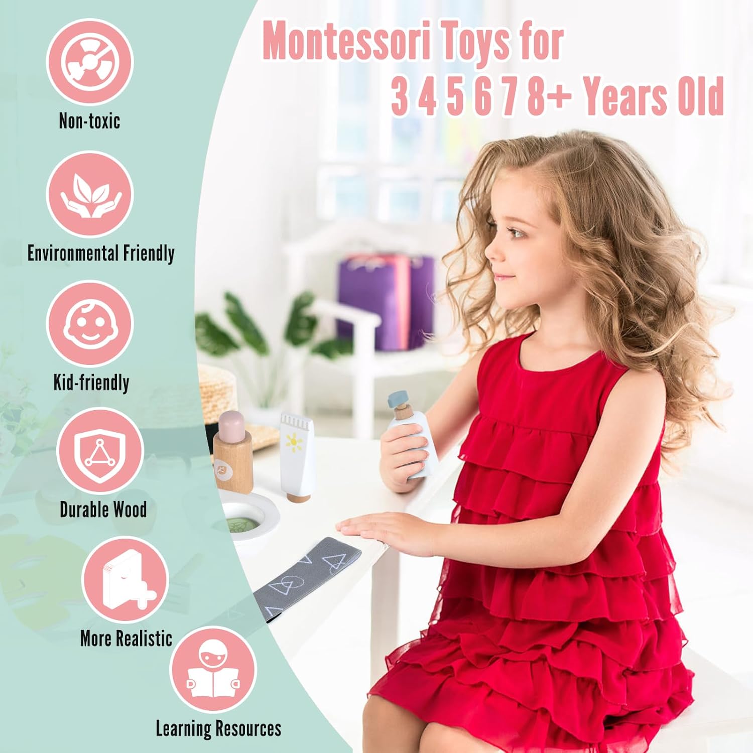 WHOHOLL Wooden Makeup Toy Set, Pretend Beauty Salon Toys Skin Care Learning Toys for Toddler, Daycare Toys Christmas Birthday Gift for 3 4 5 6 Year Old Girls - Facial Cleanser, Mirror, Face Mask