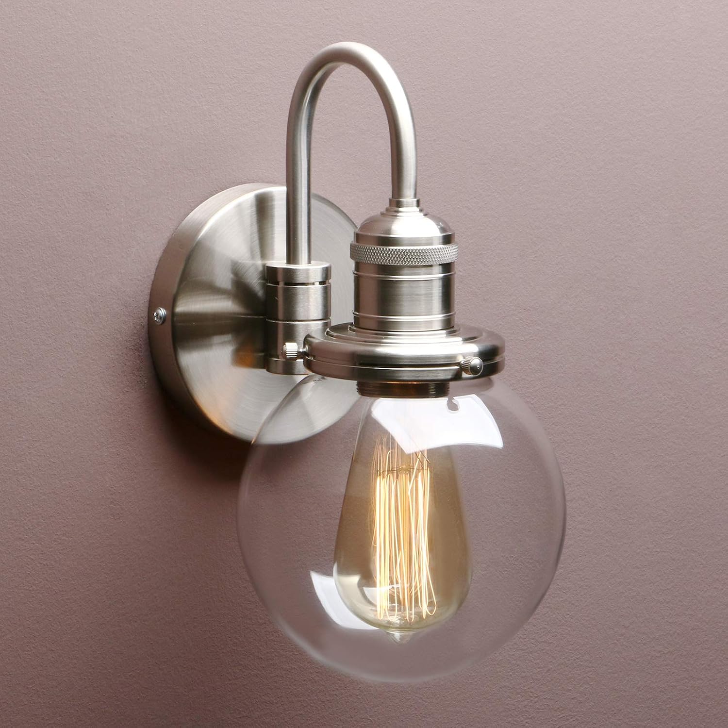 Yosoan Lighting Modern Vintage Industrial Globe Sconce Wall Light Fitting with 5.9” Clear Glass Lampshade, for Office Home Kitchen Living Room Bedroom Loft Bar (Brushed)