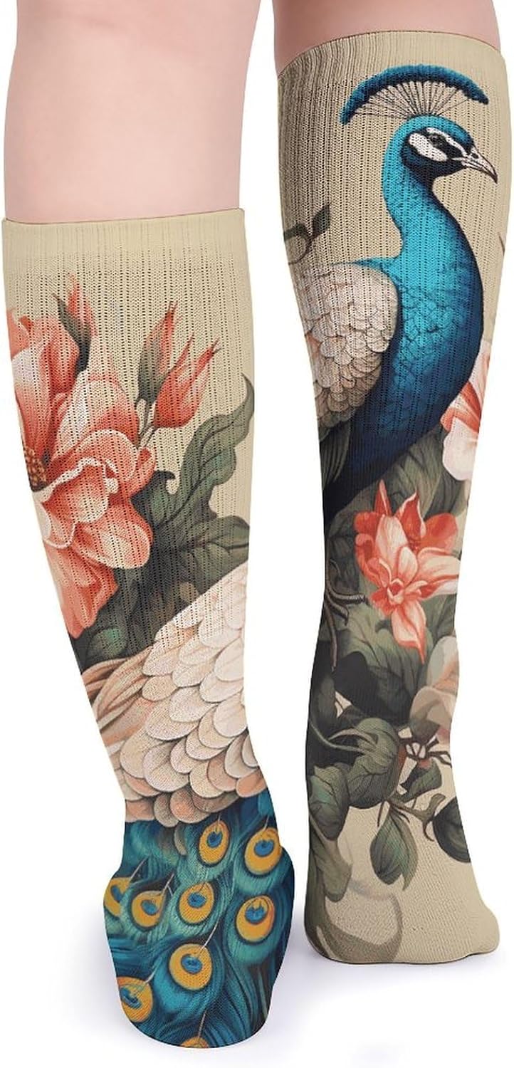 5-Pack Knee High Socks, 15.7 Inch Breathable Casual Socks Peacock And Flowers Stockings for Men Women