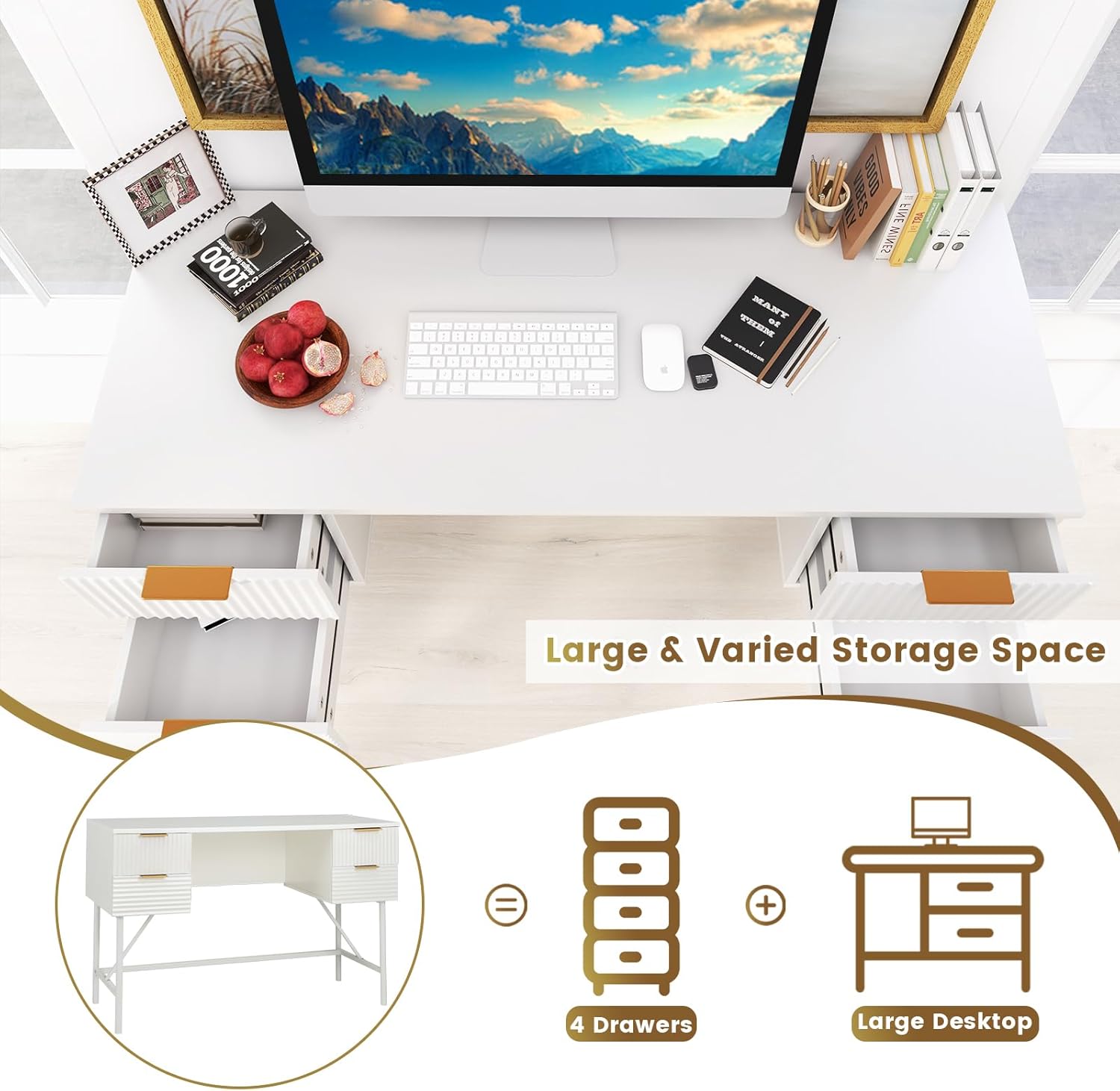Tangkula White Desk with 4 Drawers, 48 Inch Home Office Desk with Storage, Modern Computer Desk Study Writing Desk with Metal Frame for Bedroom, Study, Office
