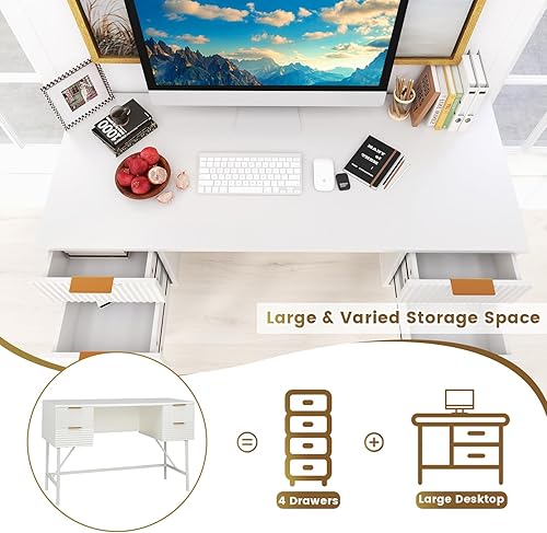 Miniatura 7 de Tangkula White Desk with 4 Drawers, 48 Inch Home Office Desk with Storage, Modern Computer Desk Study Writing Desk with Metal Frame for Bedroom,