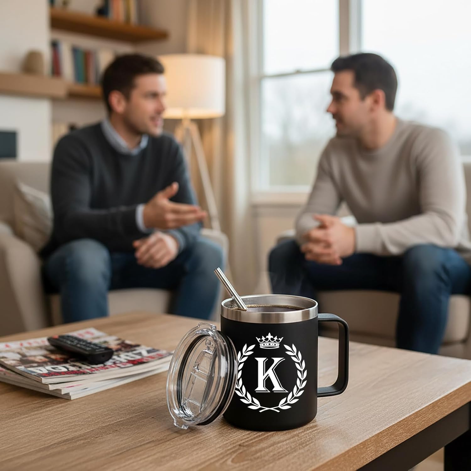 Personalized Mugs for Men, Letter K Insulated Coffee Mug with Lid and Handle, Letter K Gift Coffee Mugs for Men, Best Friend, Brother, Dad, Boyfriend, Grandpa, Grandfather, Husband 12OZ Black - Image 2