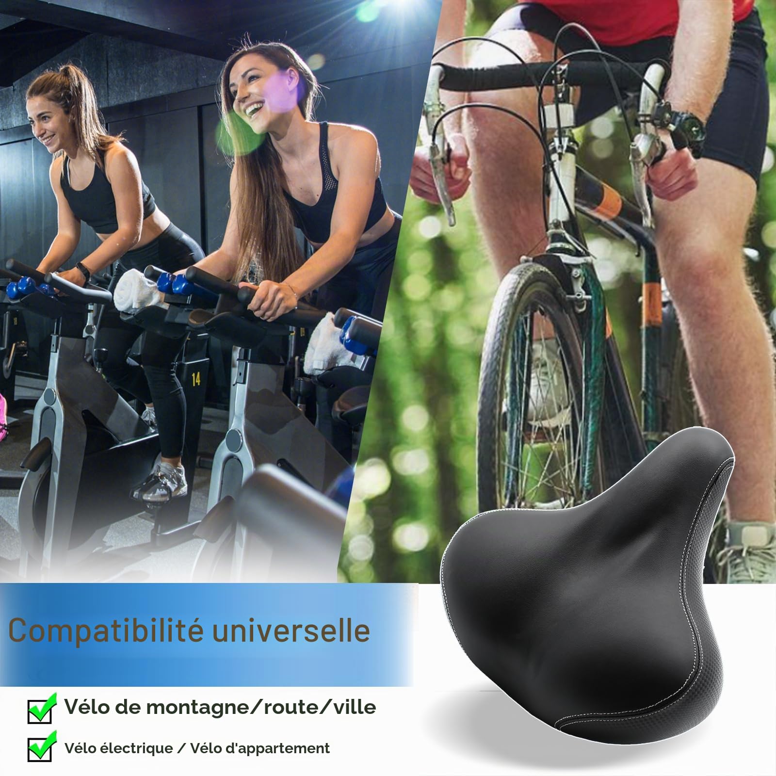 Grand siège de vélo large – Selle de vélo de rechange, confort pour Peloton – Vélo électrique stationnaire d'exercice, vélo de ville, VTT, vélo de route pour homme et femme, avec housse de protection