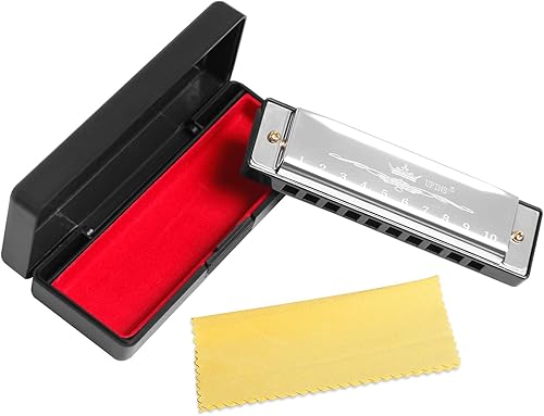 Miniatura 4 de UPINS 4 armónica de color titanio de 10 agujeros, 20 tonos, llave de C, azul con estuche de limpieza para estudiantes principiantes y niños (oro,