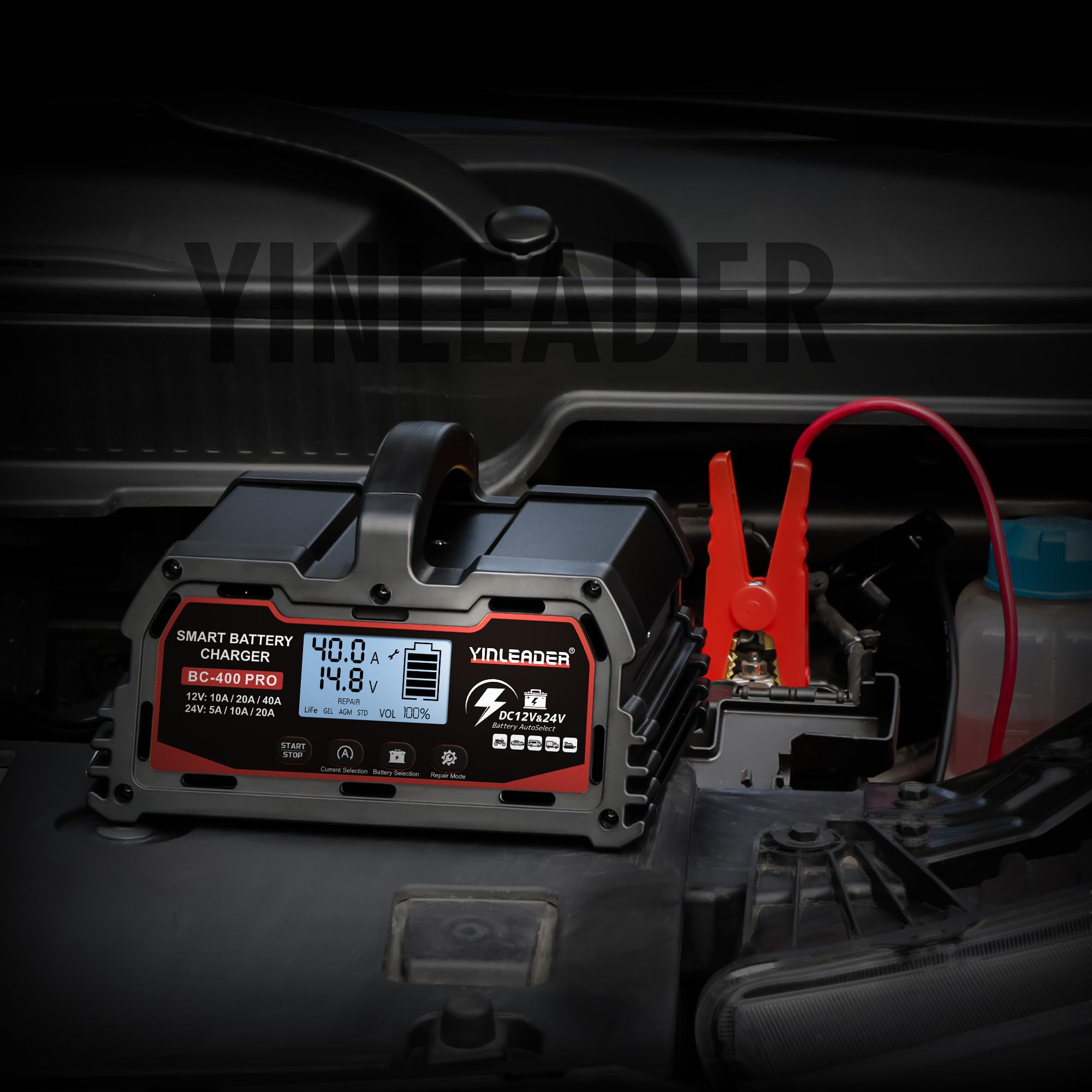 Yinleader Autobatterie Ladegerät 40A 12V/24V Batterieladegerät Auto Vollautomatisches Intelligentes Erhaltungsladegerät mit LCD-Bildschirm, Ladegeräte für Autobatterien