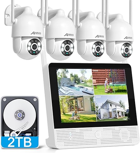 ANRAN Sistema de cámara de seguridad inalámbrica, monitor 4K de 10.5 pulgadas con cámara PTZ WiFi-6 de 4 x 5 MP, seguimiento automático, audio de 2