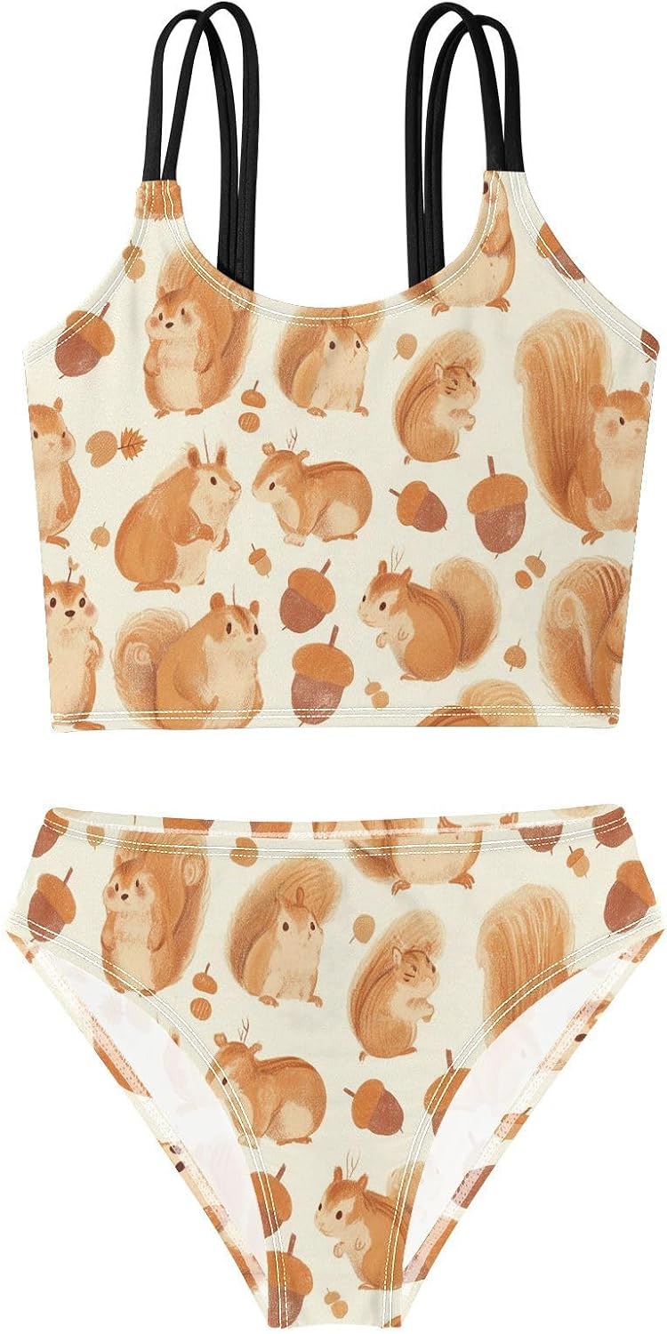 visesunny Girls Two Piece Swimsuits Cute Squirrel Hazelnut Girl's Bikini Sets Bathing Suits for Girls Size 5-12Y