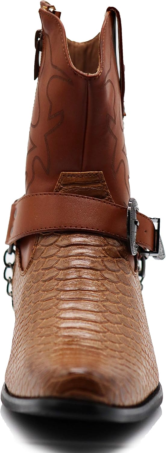 Men's Crocodile Prints Western Cowboy Boots with Side Zipper, Belt Buckle and Metal Chain - Image 7