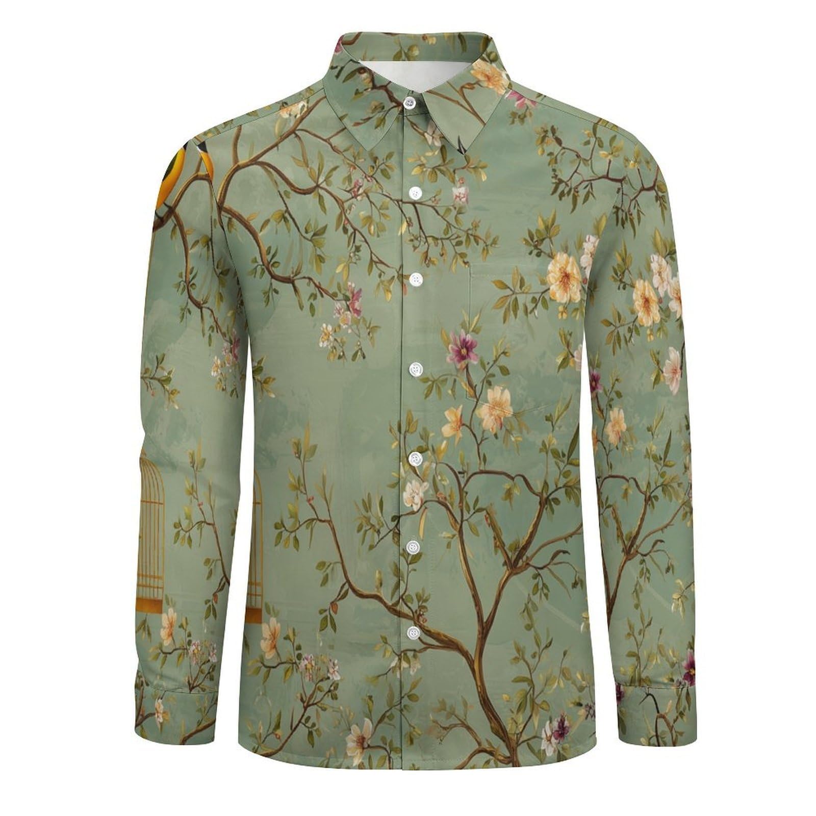 Hombres Camisa de Manga Larga Verde de Lino para con Bolsillo y Corte Regular Fit para Ocasiones de Playa y Vestir Casual Camisa de Verano Pájaro De Rama De Árbol Retro