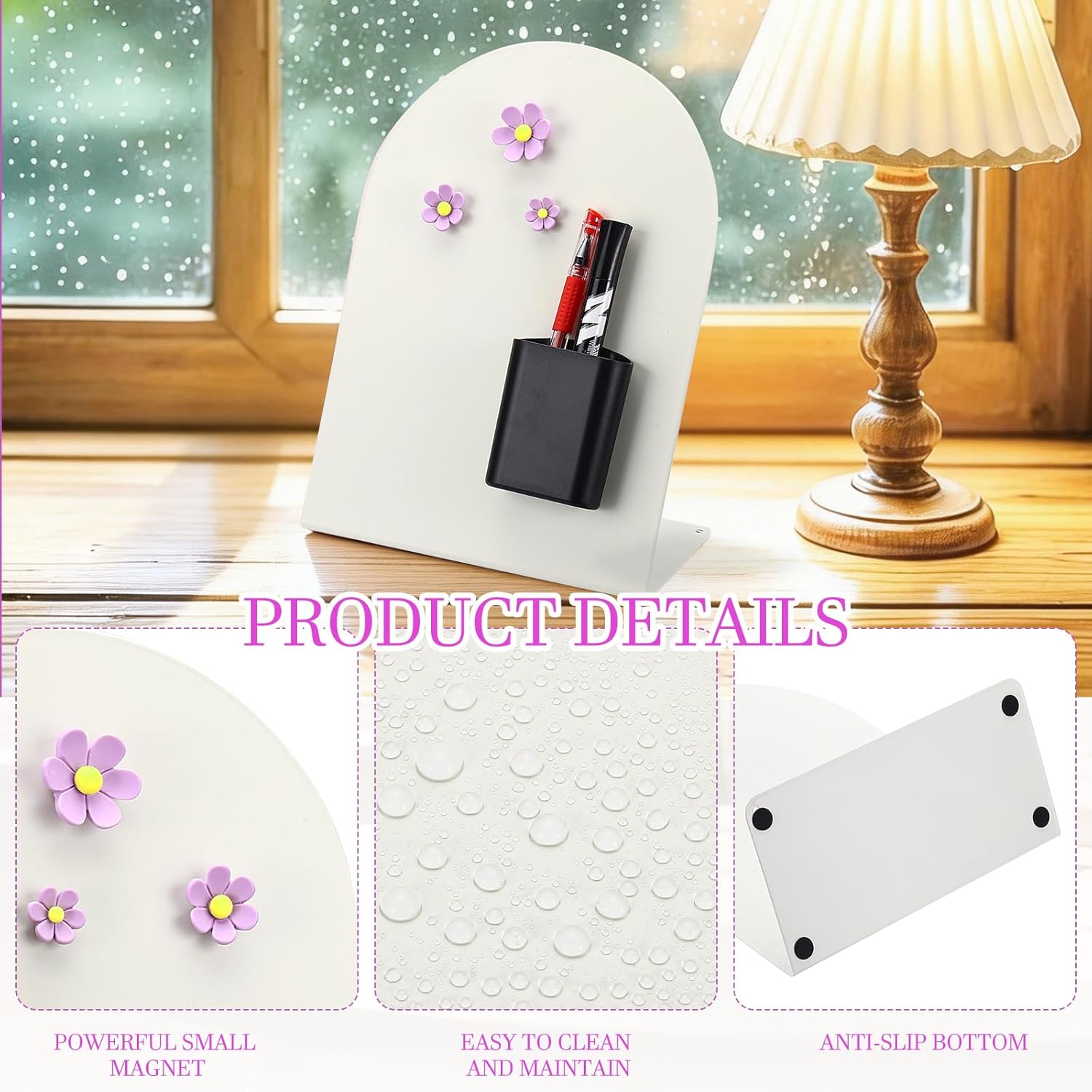 PATIKIL Magnetic Bulletin Board, Memo Magnet Display Stand Board with 3 Flower Magnets & Pen Holder for Home Office Kitchen Restaurant Cafe Supplies, White/Purple/Black