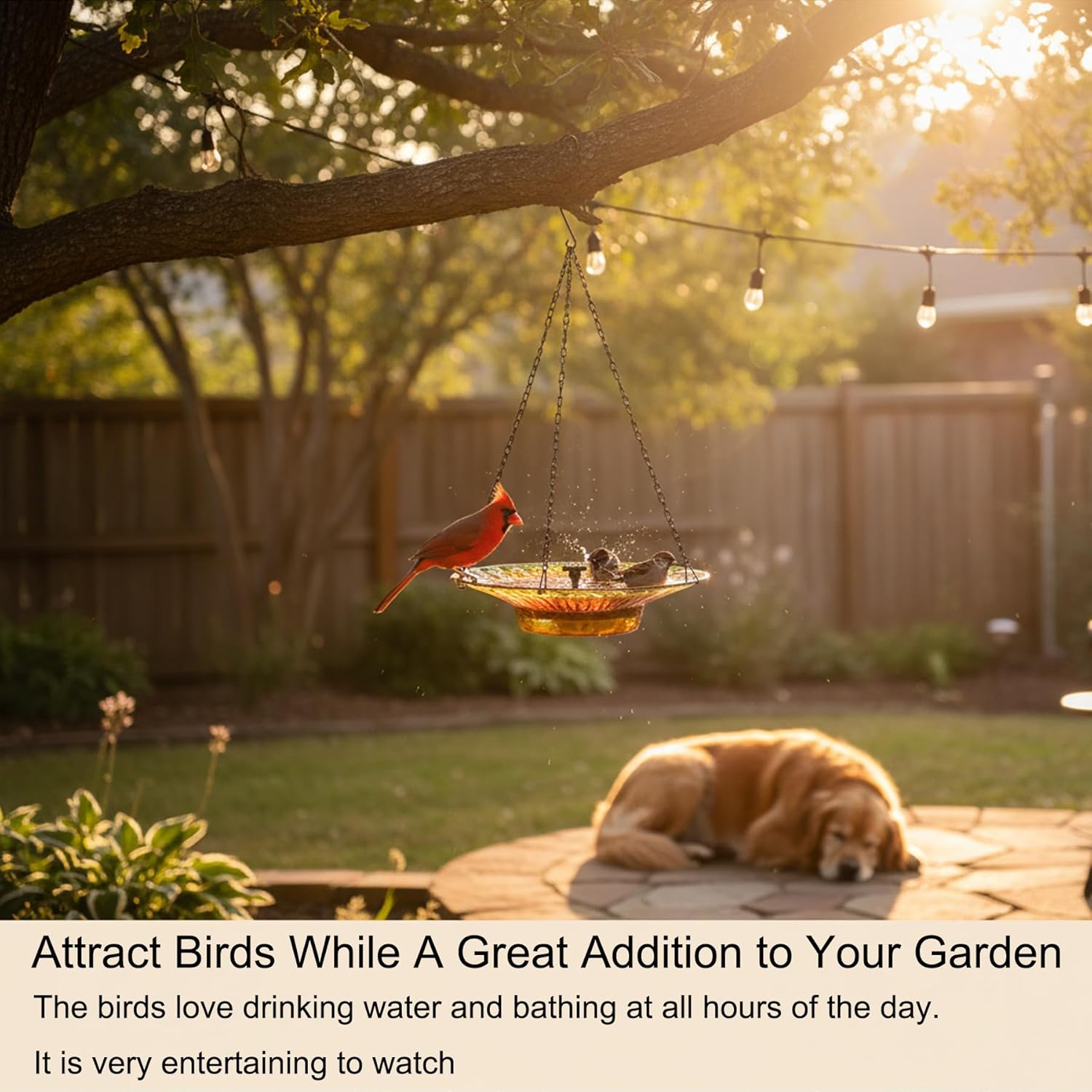 13.4" W Hanging Bird Bath with Solar Fountain for Outside, Large Glass Bird Bath Bowl for Outdoor