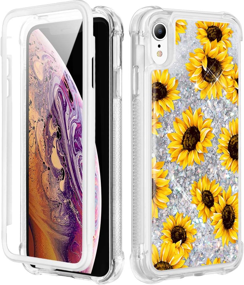 Caka iPhone XR Case, iPhone XR Glitter Full Body Sunflower Case with Built in Screen Protector Women Girls Bling Sparkle Floating Liquid Protective Floral Girly Phone Case for iPhone XR (Sunflower)
