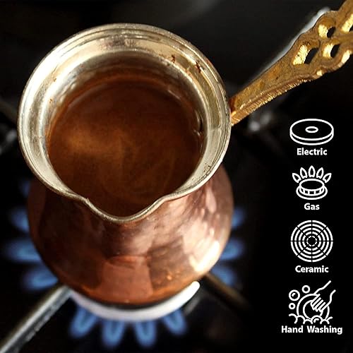 Miniatura 3 de Hakan Cafetera turca, cafetera griega árabe, Cezve de cobre martillado, cafetera vintage hecha a mano con mango de latón, otomana tradicional
