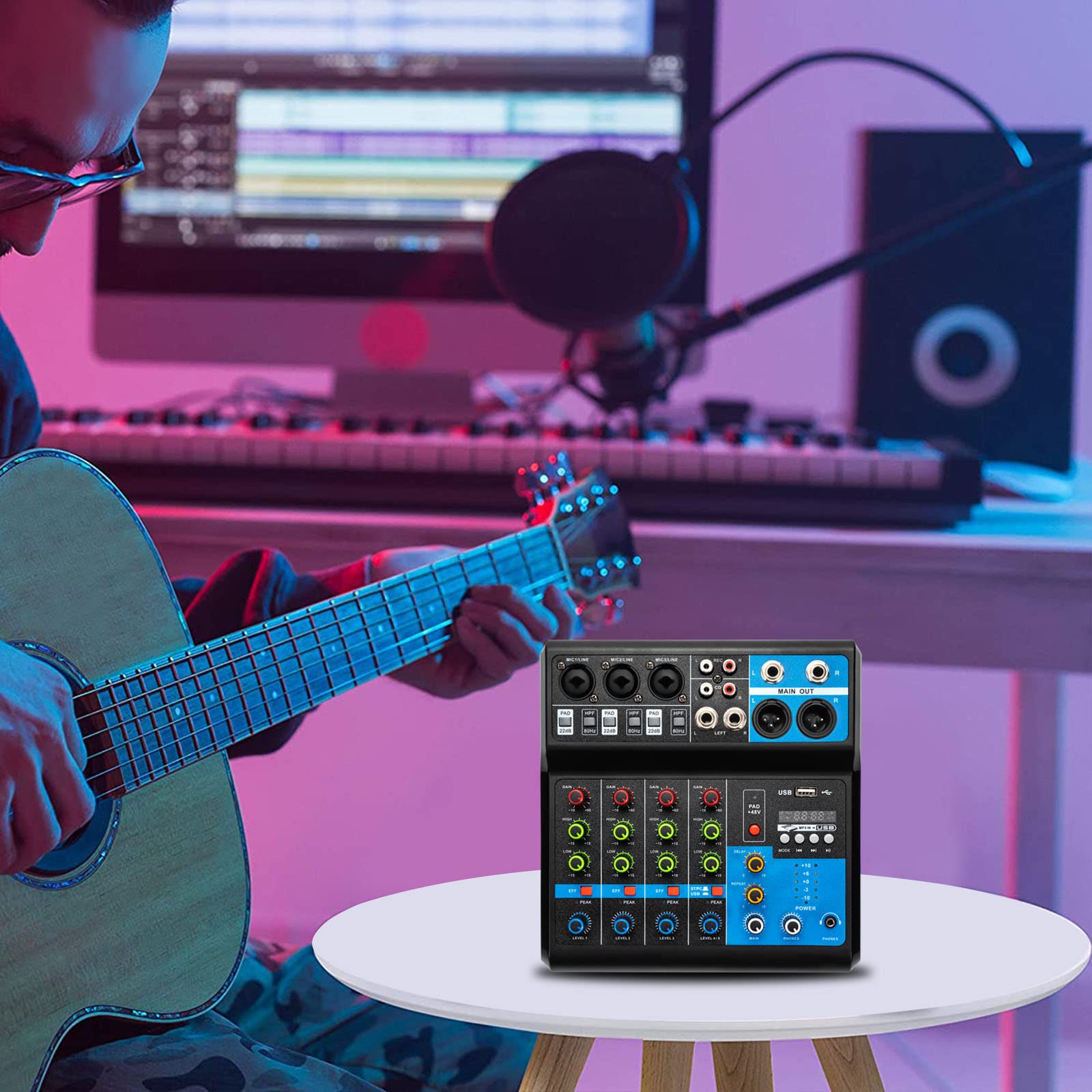 Mixer audio compatto a 5 canali con alimentazione phantom da 48 V, Bluetooth 5.0, interfaccia audio USB e lettore MP3 per Live DJ, Home Studio Recording, mixer professionale per principianti e scatti